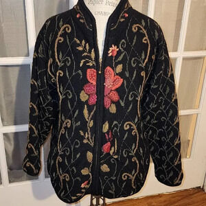 Icelandic Design Black Floral‎ Embroidered Wool Blend Full Zip Sweater Jacket S